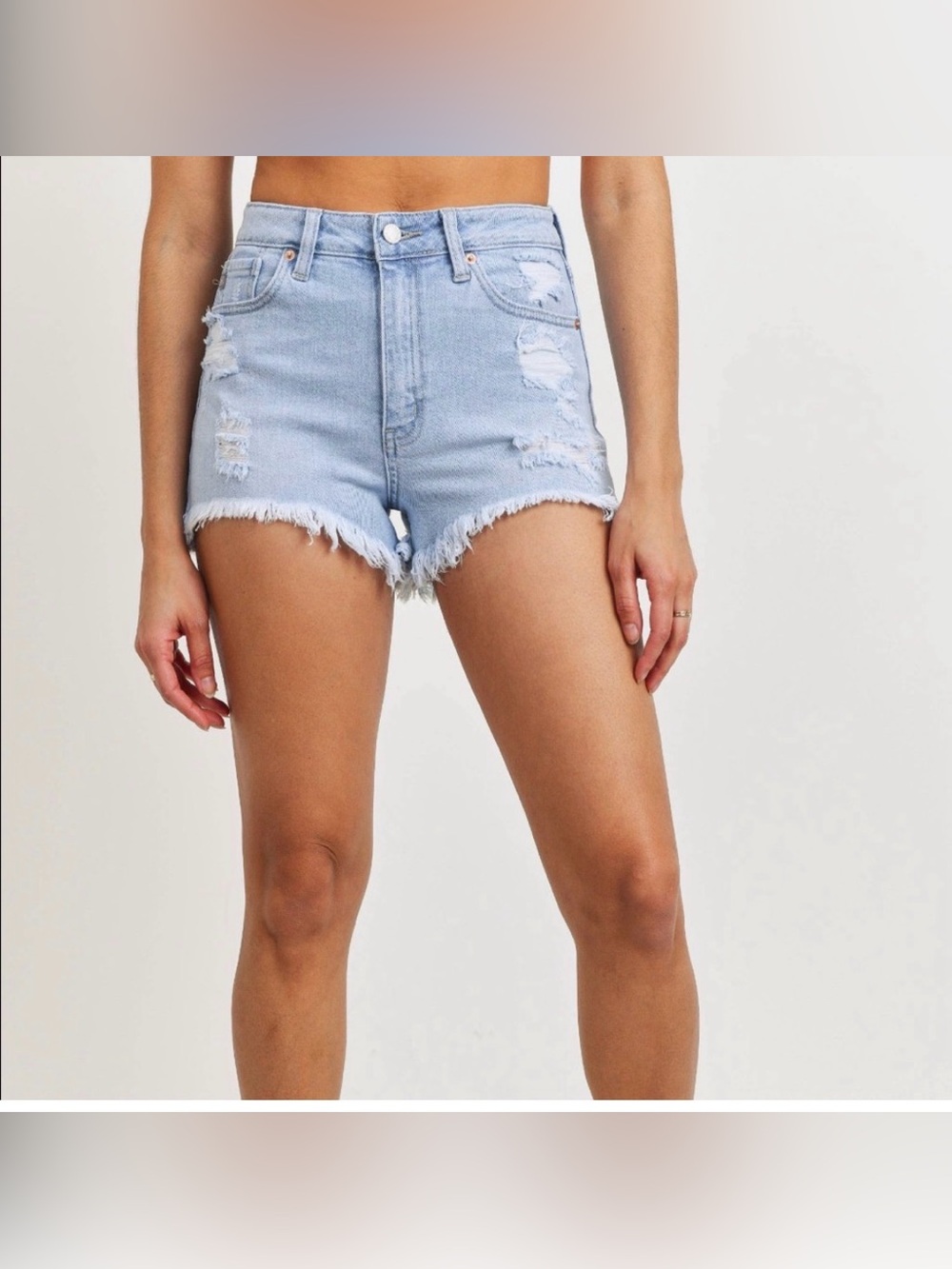 Just USA High Rise Distressed Hi-Lo Denim Shorts Light Blue